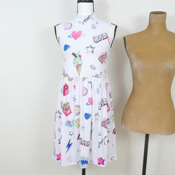 ASOS White Junk Food Graffiti Print Mock Neck Sleeveless Size 4 80's Style Dress - Picture 1 of 12